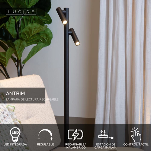 Lucide ANTRIM - Lámpara de lectura Recargable Dentro/Fuera - Batería/acumulador - LED Regul. - 2x2,2W 2700K - IP54 - Con estación de carga inalámbrica - Negro - USP